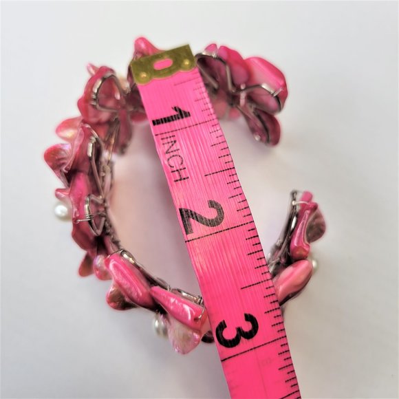 Pink Cuff Bangle with Shell and Pearls Adjustable Bracelet - NEW - Picture 11 of 11